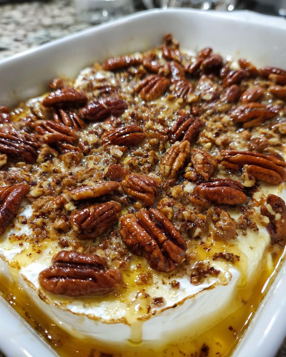 Close-up of warm Baked Brie with Honey and Pecans, glistening with honey in a white dish.