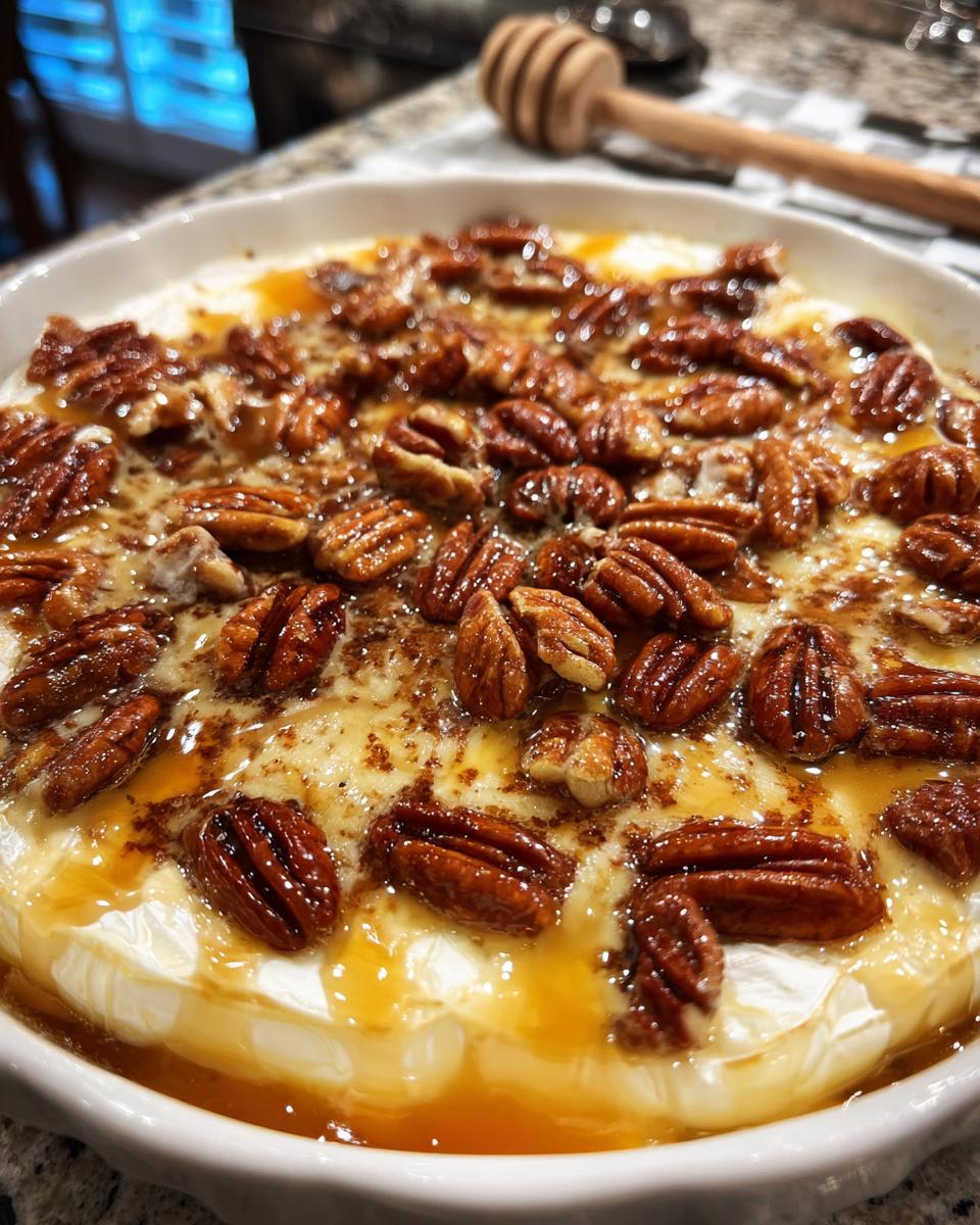 Close-up of a warm Baked Brie with Honey and Pecans, oozing with melted cheese and drizzled with honey.
