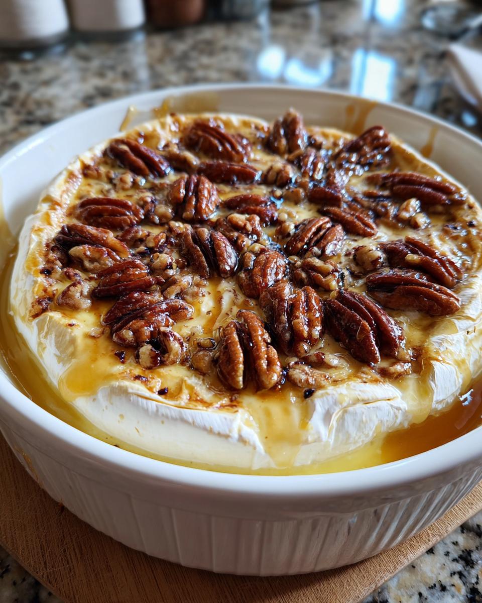 A close-up of a warm, melted Baked Brie with Honey and Pecans in a white baking dish, drizzled with honey.