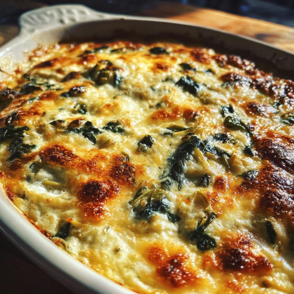 Close-up of bubbling Baked Spinach Artichoke Dip with golden brown cheesy crust.