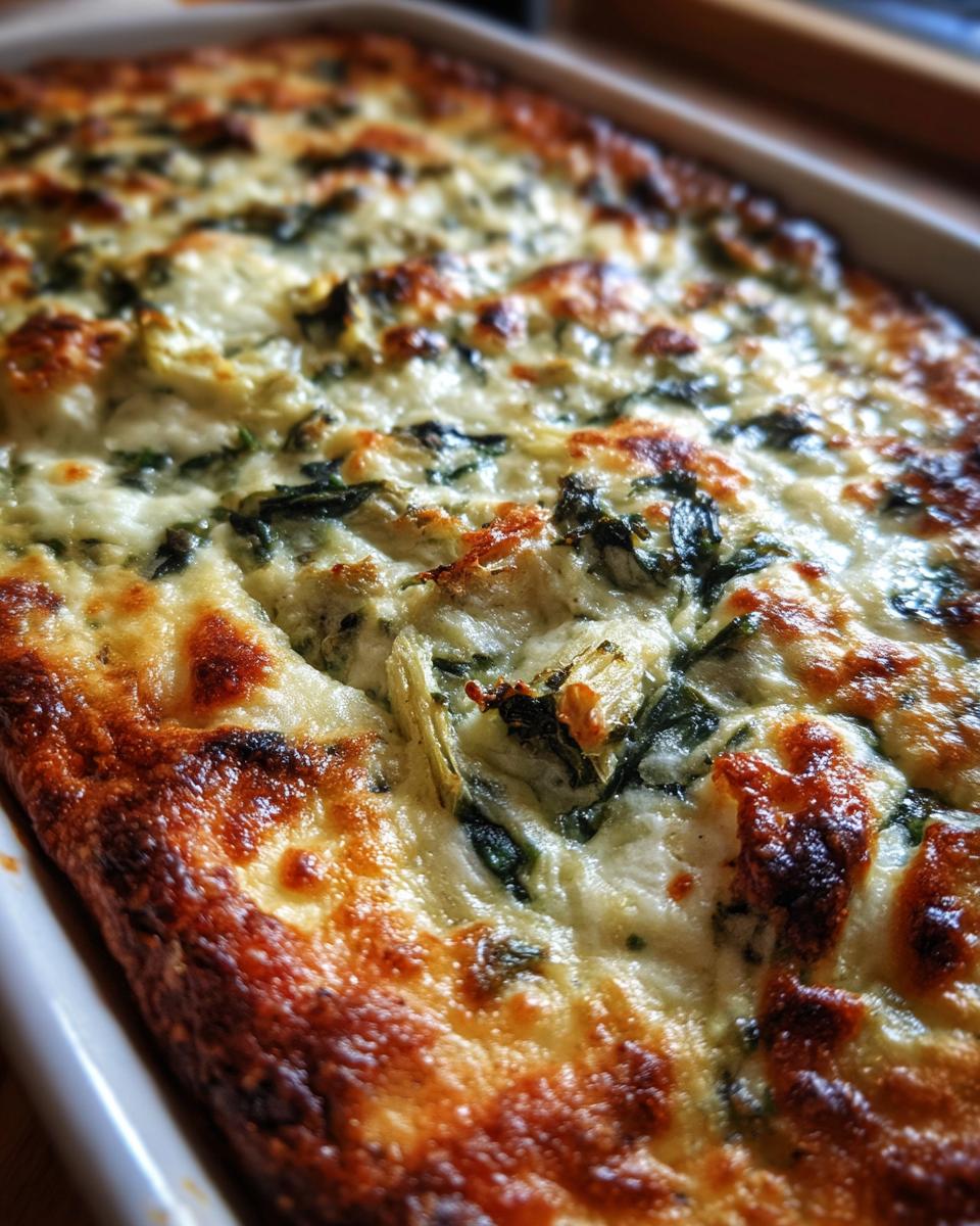 Close-up of a bubbly, golden-brown Baked Spinach Artichoke Dip in a white baking dish.