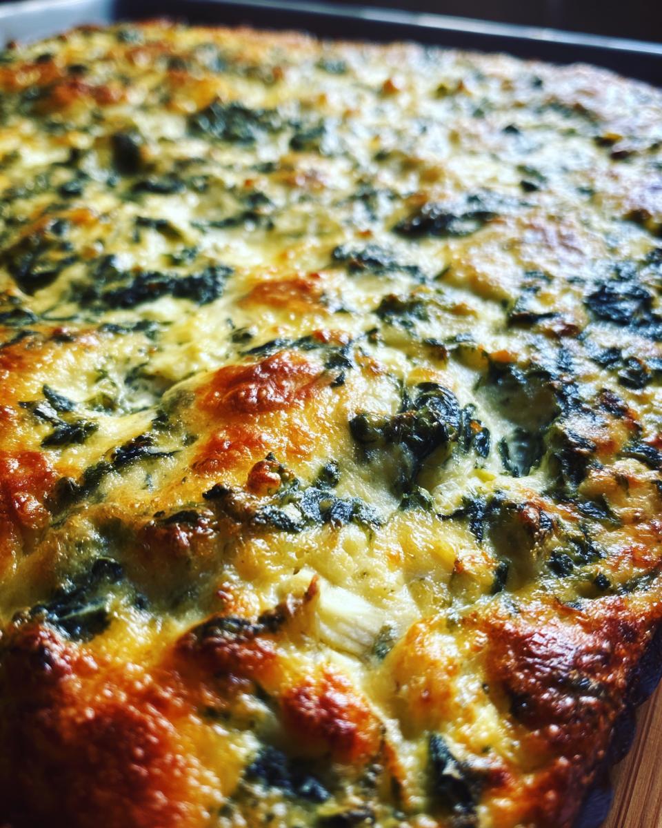 Close-up of bubbly, golden brown Baked Spinach Artichoke Dip with visible spinach and creamy cheese.