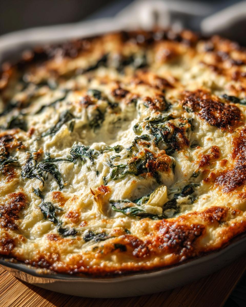 Close-up of a bubbling Baked Spinach Artichoke Dip with golden brown cheesy crust and visible spinach and artichoke pieces.