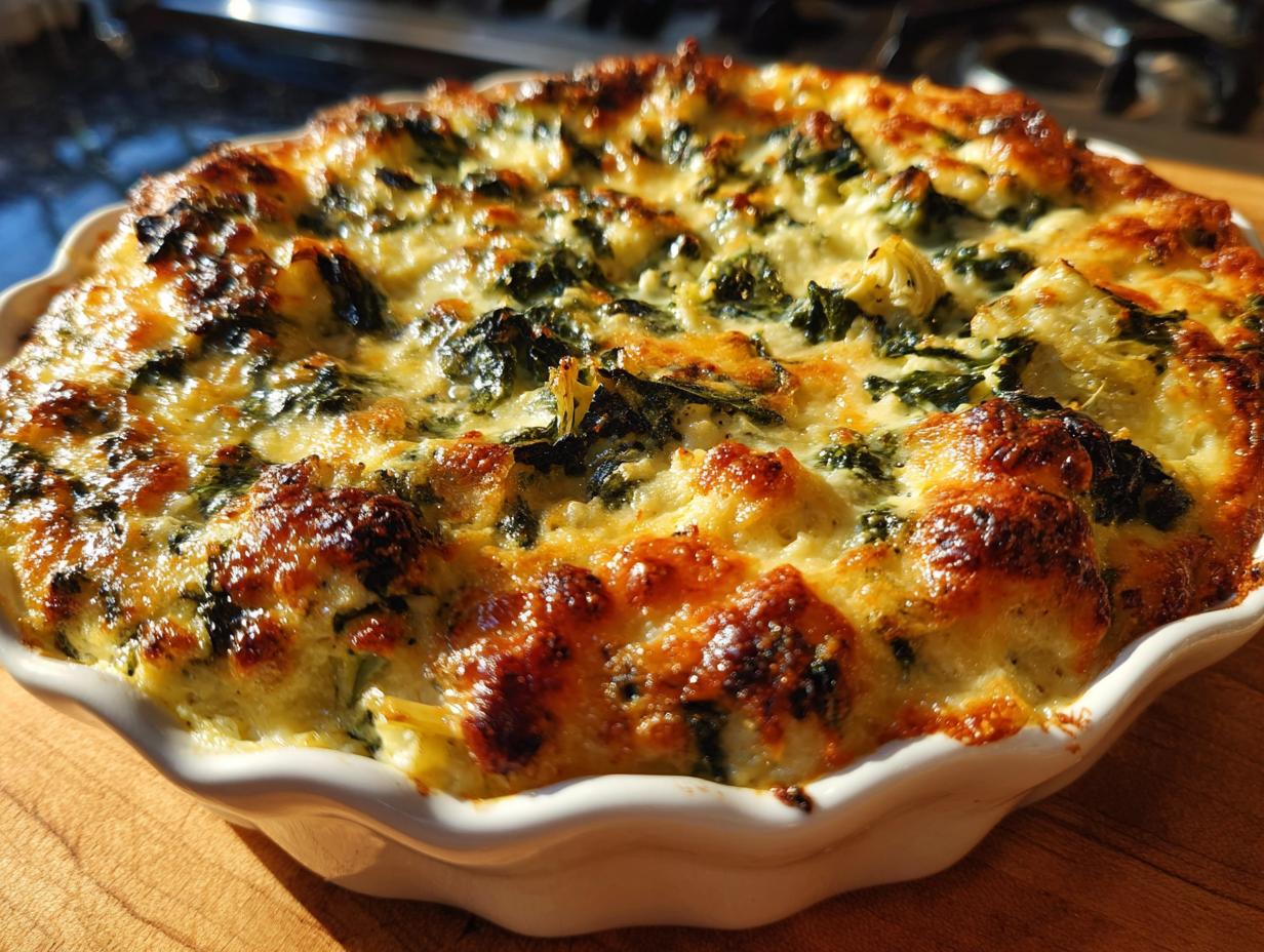 Close-up of a bubbly, golden-brown Baked Spinach Artichoke Dip in a white ceramic dish.