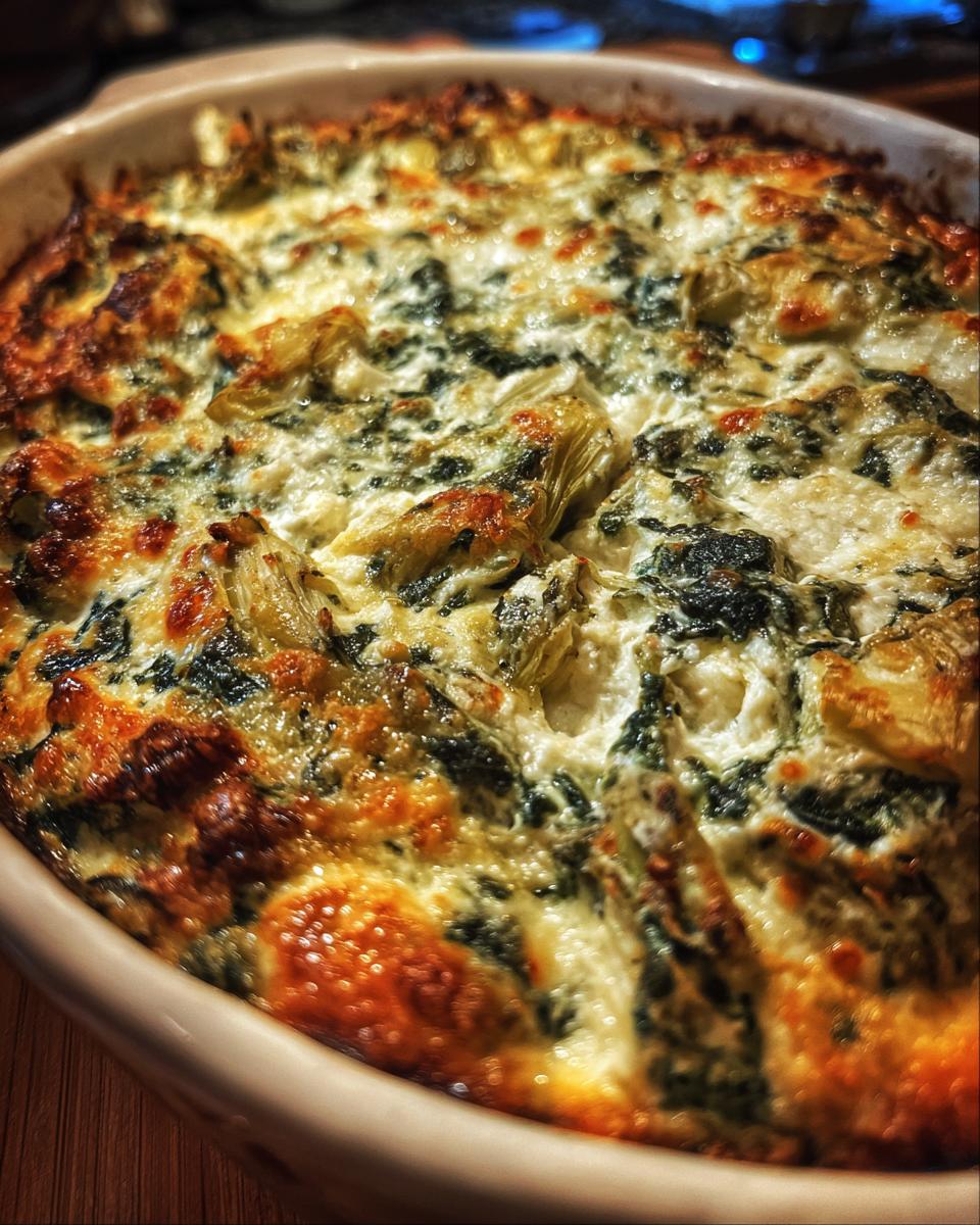 Close-up of bubbly, golden-brown Baked Spinach Artichoke Dip in a ceramic dish, showing spinach and artichoke pieces.