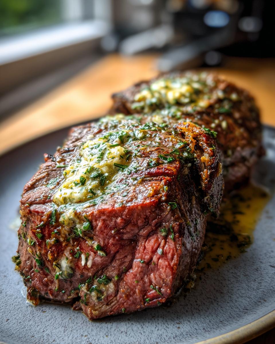 Close-up of two juicy Beef Tenderloin Roasts topped with melted Garlic Herb Butter and fresh parsley.