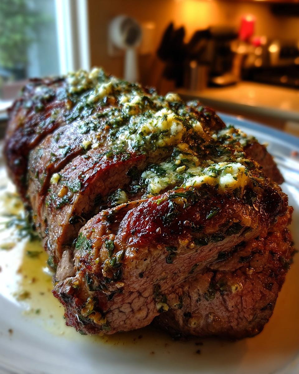 A beautifully roasted Beef Tenderloin Roast topped with glistening Garlic Herb Butter, sliced and ready to serve.