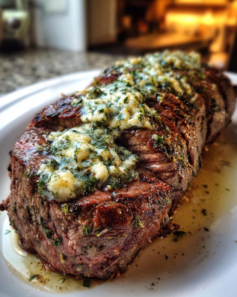 A perfectly cooked Beef Tenderloin Roast topped with melted Garlic Herb Butter and fresh herbs.