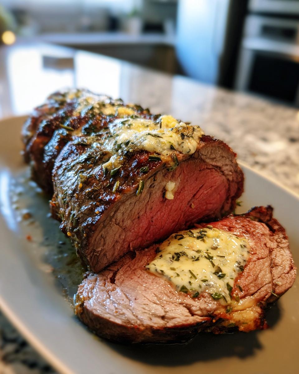 A perfectly cooked Beef Tenderloin Roast with Garlic Herb Butter, sliced to reveal a juicy pink interior.