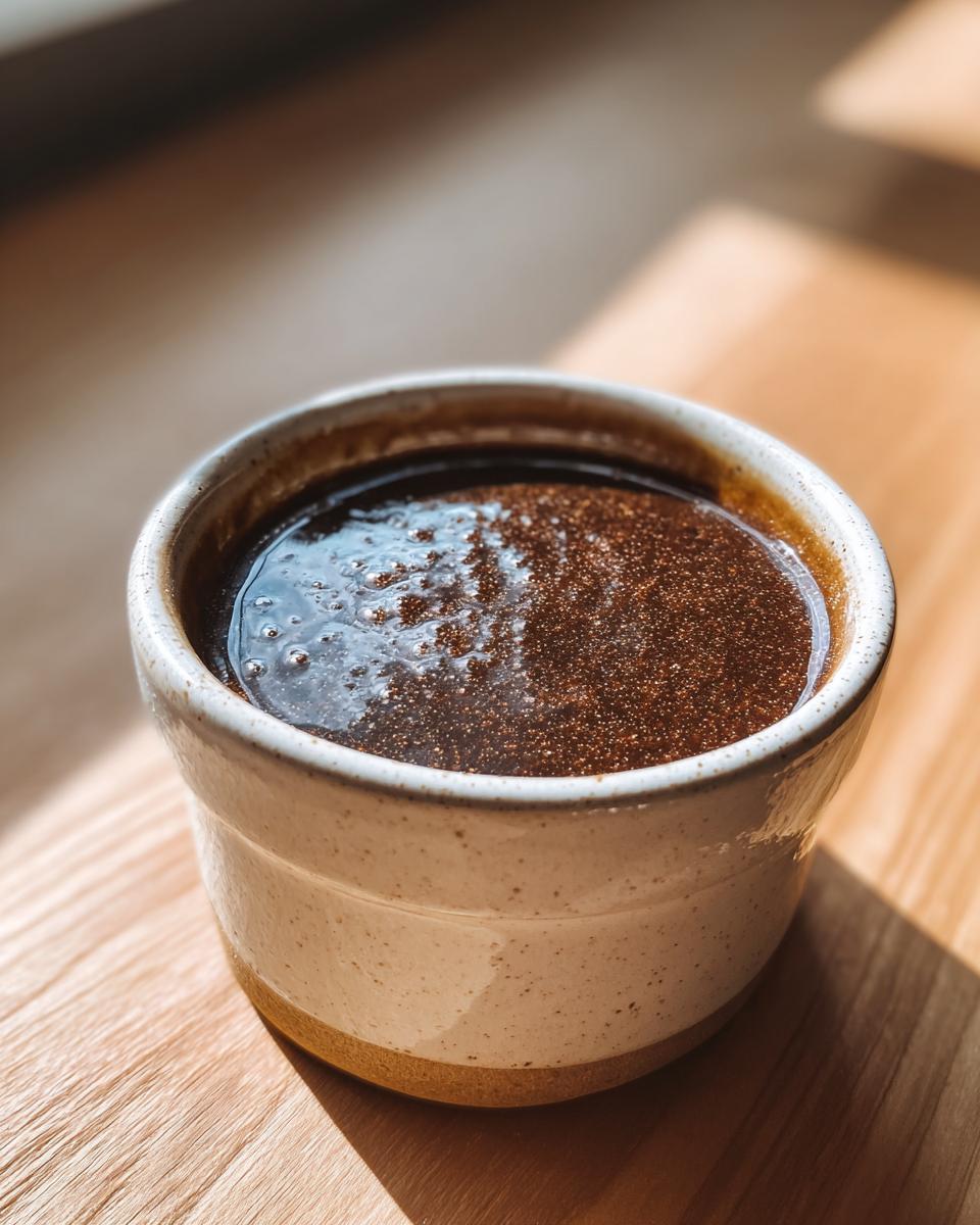 A close-up of a ramekin filled with rich, dark, homemade au jus, perfect for the Best Homemade Au Jus Recipe.