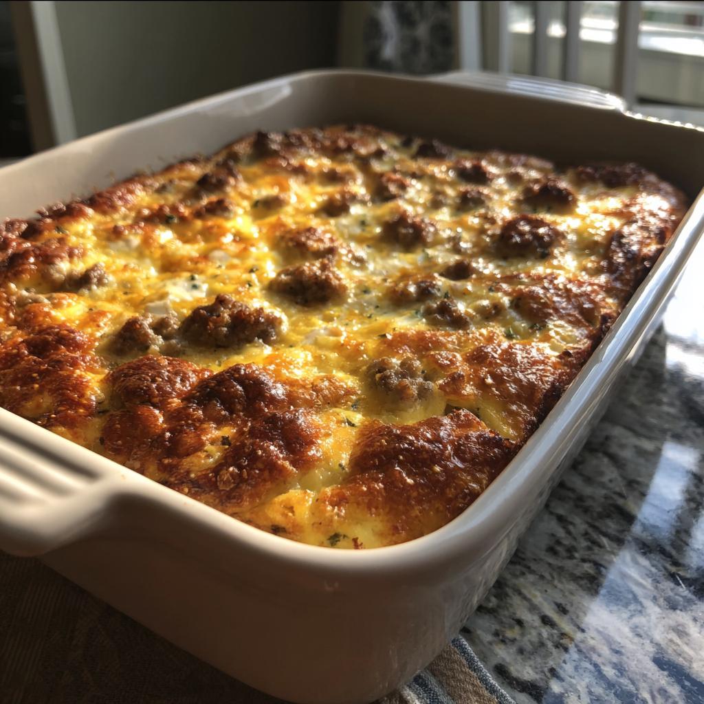 Golden brown and bubbly Best Sausage Egg Breakfast Casserole in a baking dish, ready to serve.
