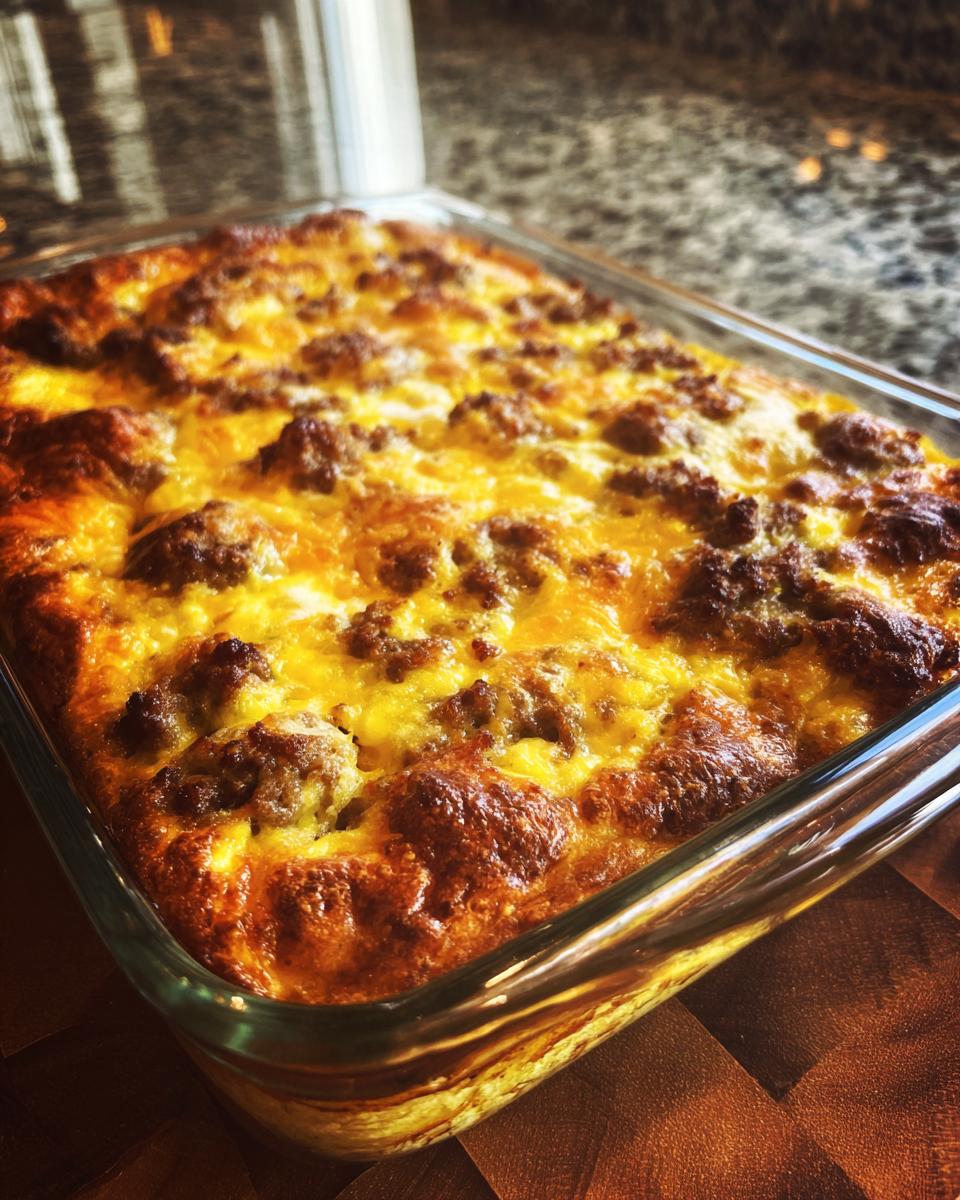 Golden brown and bubbly Best Sausage Egg Breakfast Casserole baked in a glass dish, ready to serve.