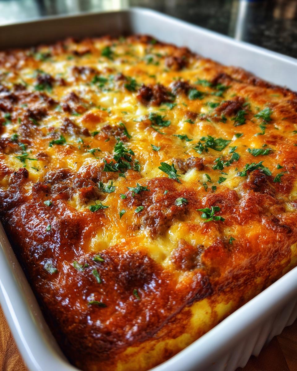 Close-up of a golden-brown Best Sausage Egg Breakfast Casserole, topped with melted cheese and fresh parsley.