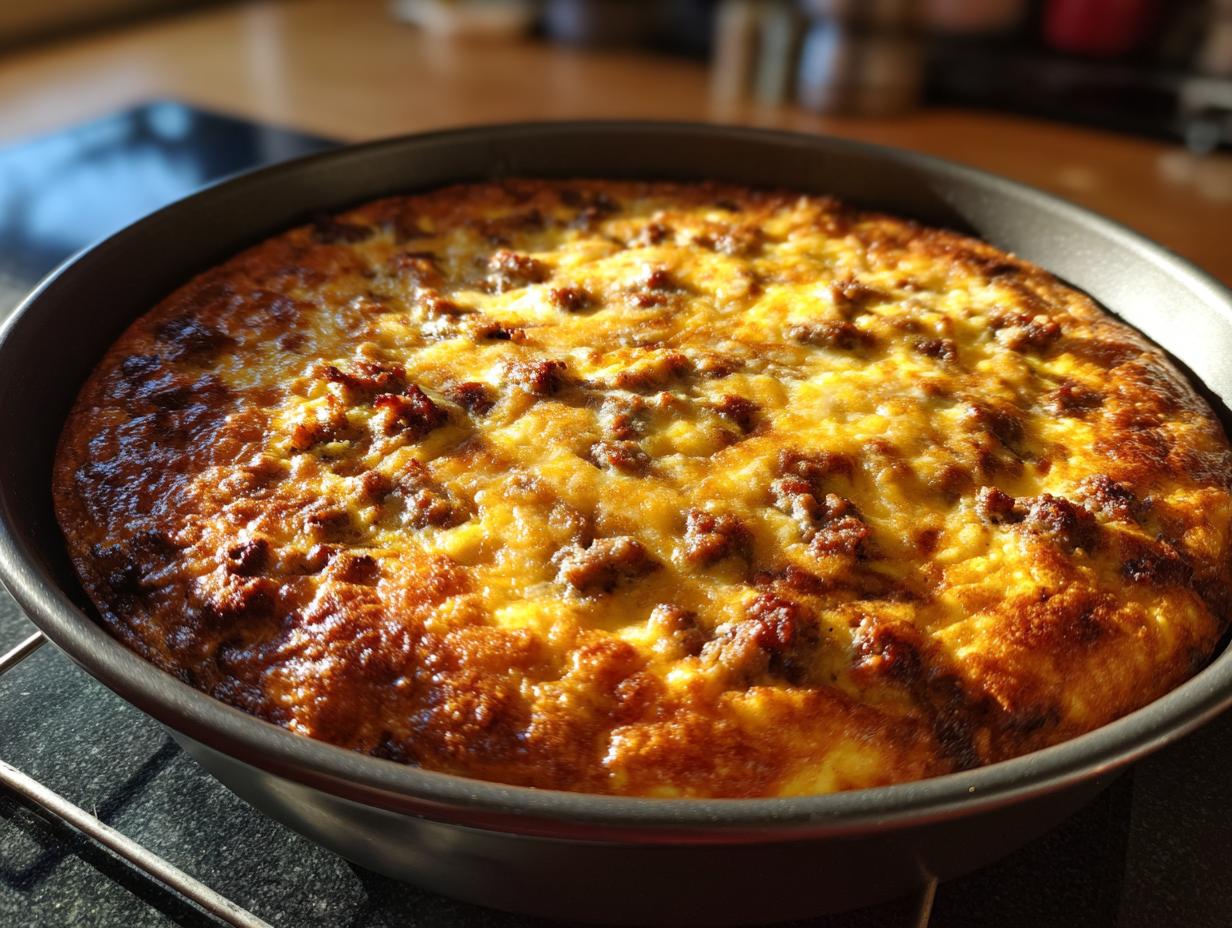 A golden-brown, freshly baked Best Sausage Egg Breakfast Casserole in a round baking dish, with visible sausage crumbles and melted cheese.