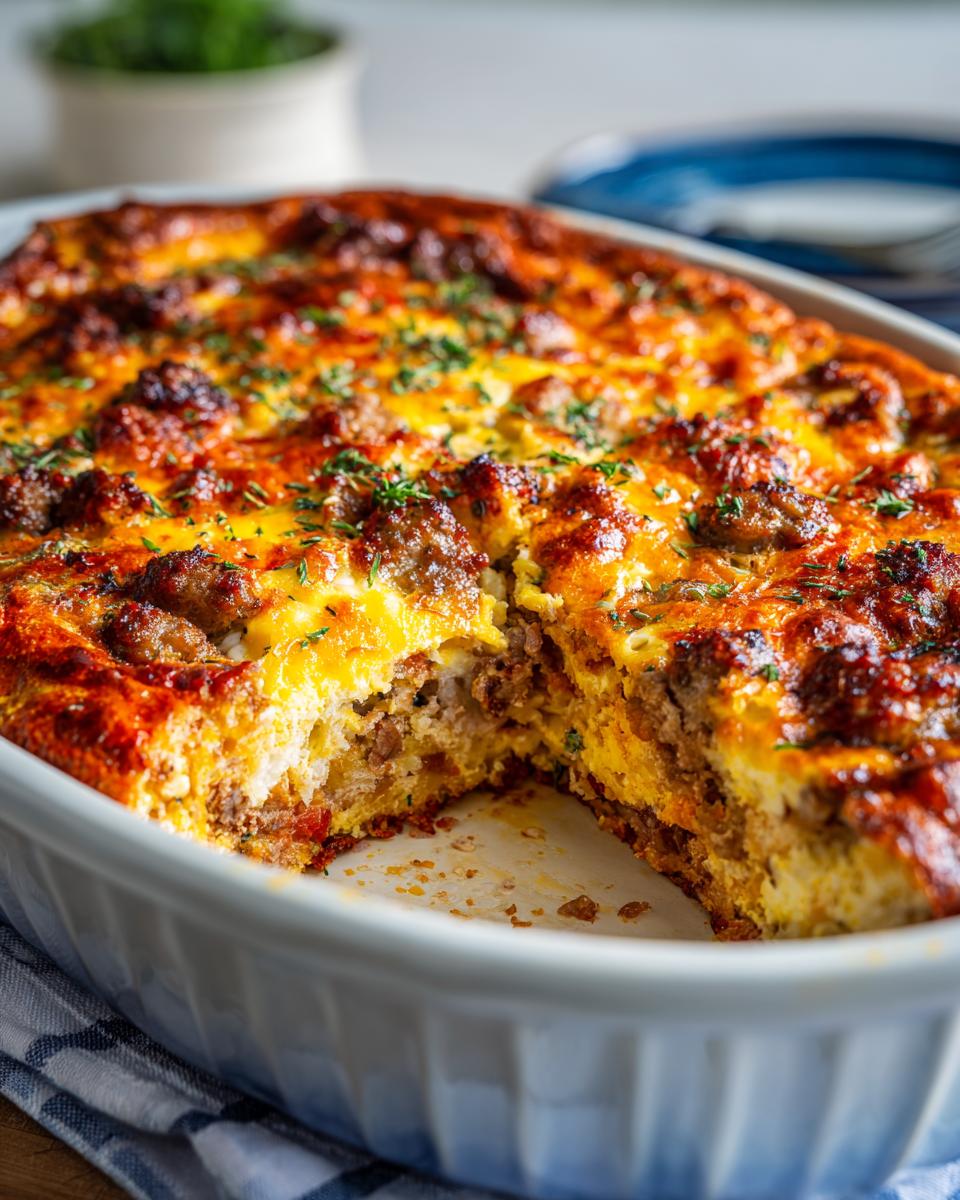 A close-up of the Best Sausage Egg Breakfast Casserole, golden brown and bubbling in a white baking dish, sprinkled with parsley.