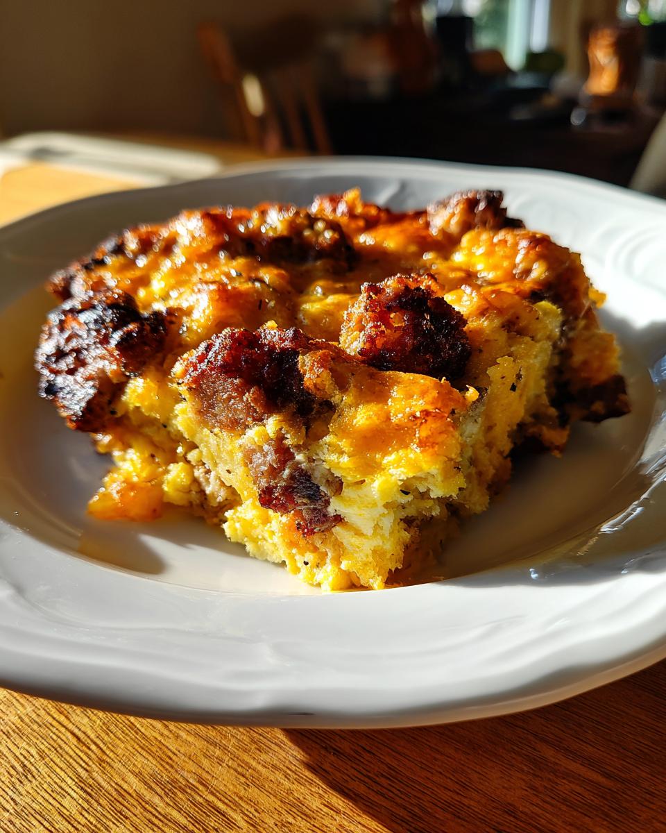 A close-up of a delicious slice of the Best Sausage Egg Breakfast Casserole on a white plate.