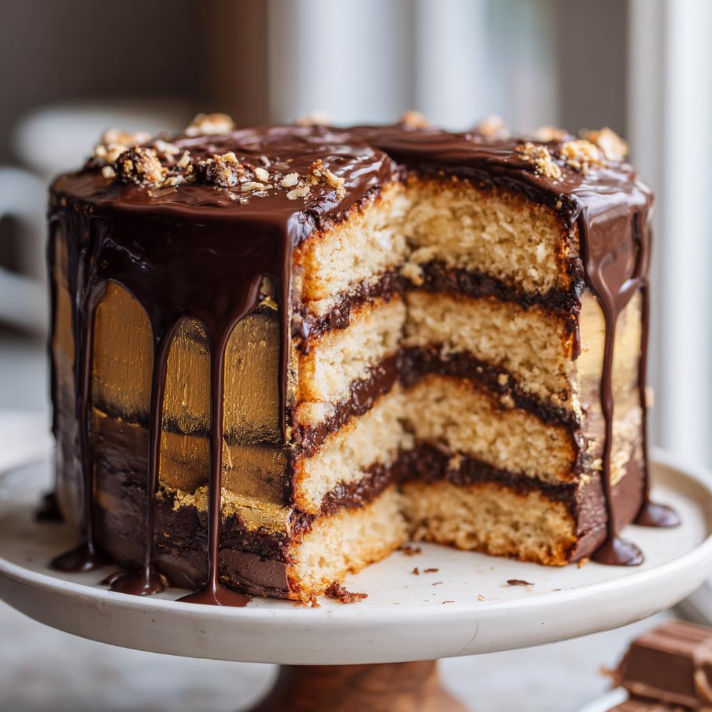 A slice of a rich Black and Gold Drip Cake, revealing layers of vanilla cake and chocolate ganache, with dark chocolate drips.