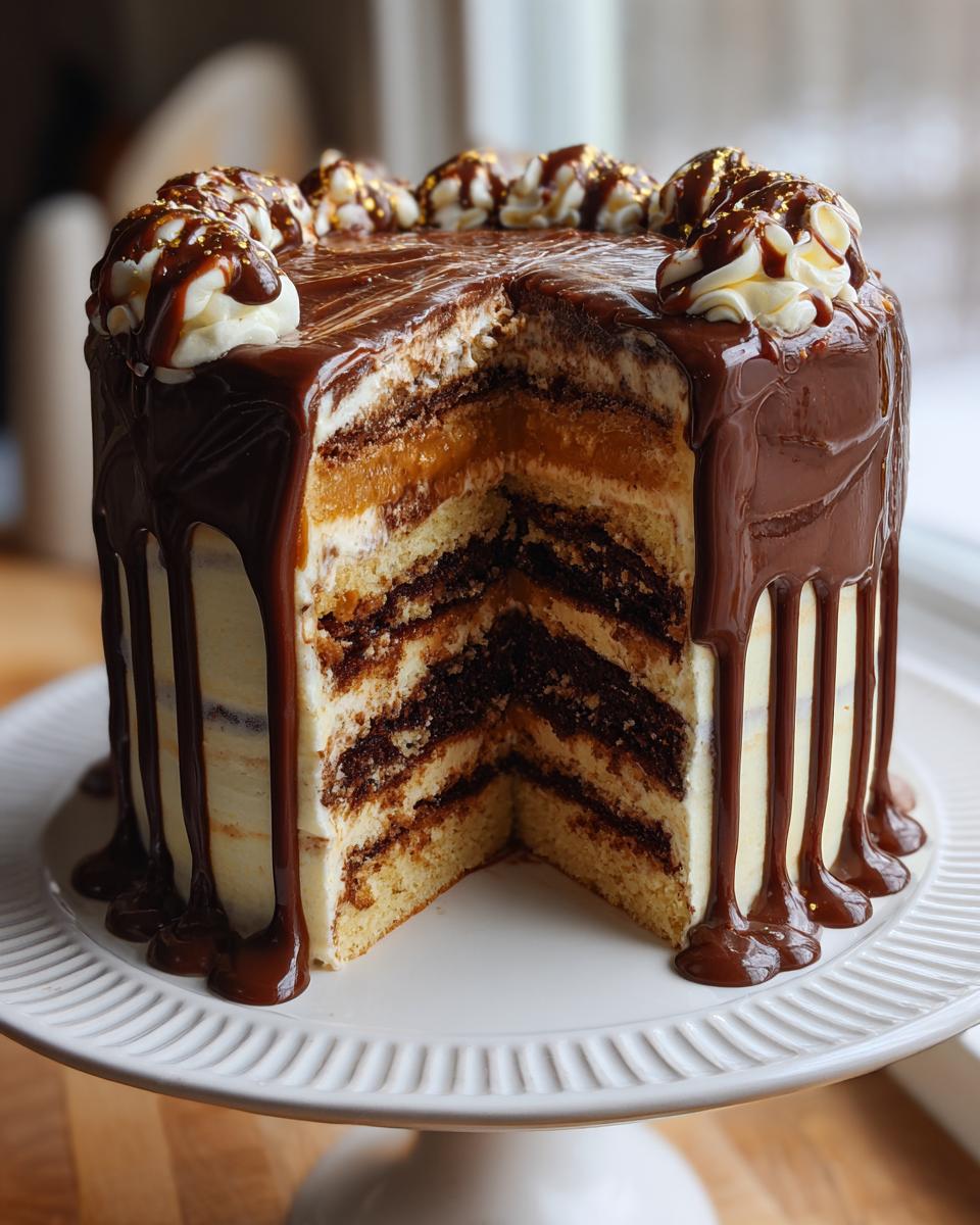 A slice of a decadent Black and Gold Drip Cake, revealing layers of chocolate and vanilla cake with caramel filling.