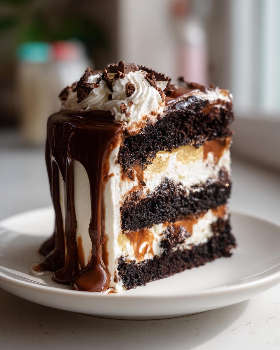 A rich slice of Black and Gold Drip Cake with layers of chocolate cake, cream, and caramel, topped with whipped cream and chocolate shavings.