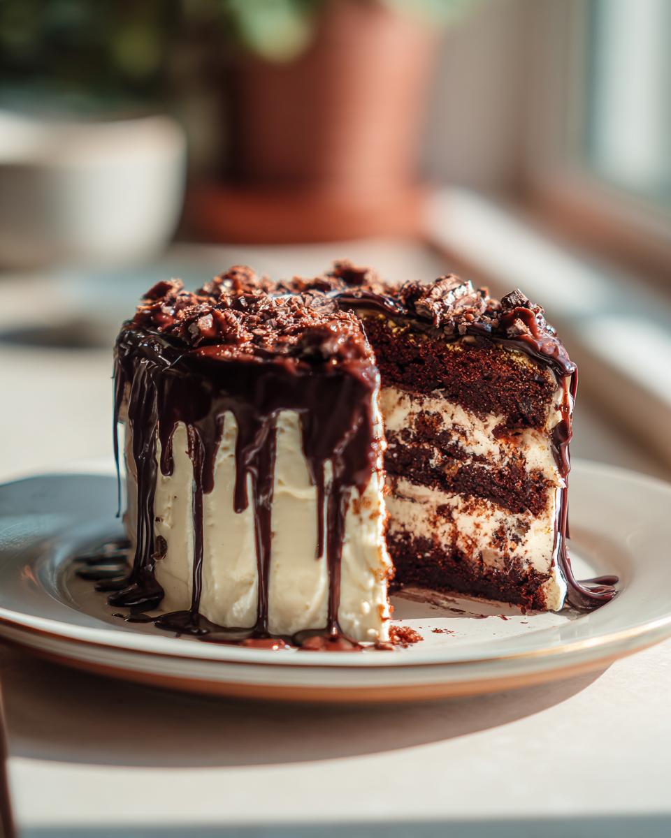 A decadent slice of Black and Gold Drip Cake, featuring layers of chocolate cake and cream frosting with chocolate ganache drips.