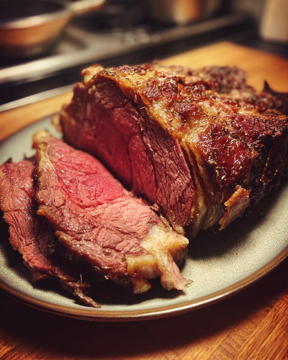 A perfectly cooked Boneless Prime Rib, sliced to reveal a juicy pink interior and a beautifully browned crust.