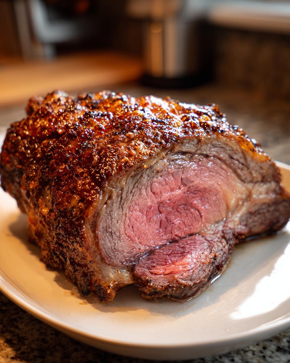 A perfectly cooked boneless prime rib roast, showcasing a juicy pink interior and a beautifully browned crust.