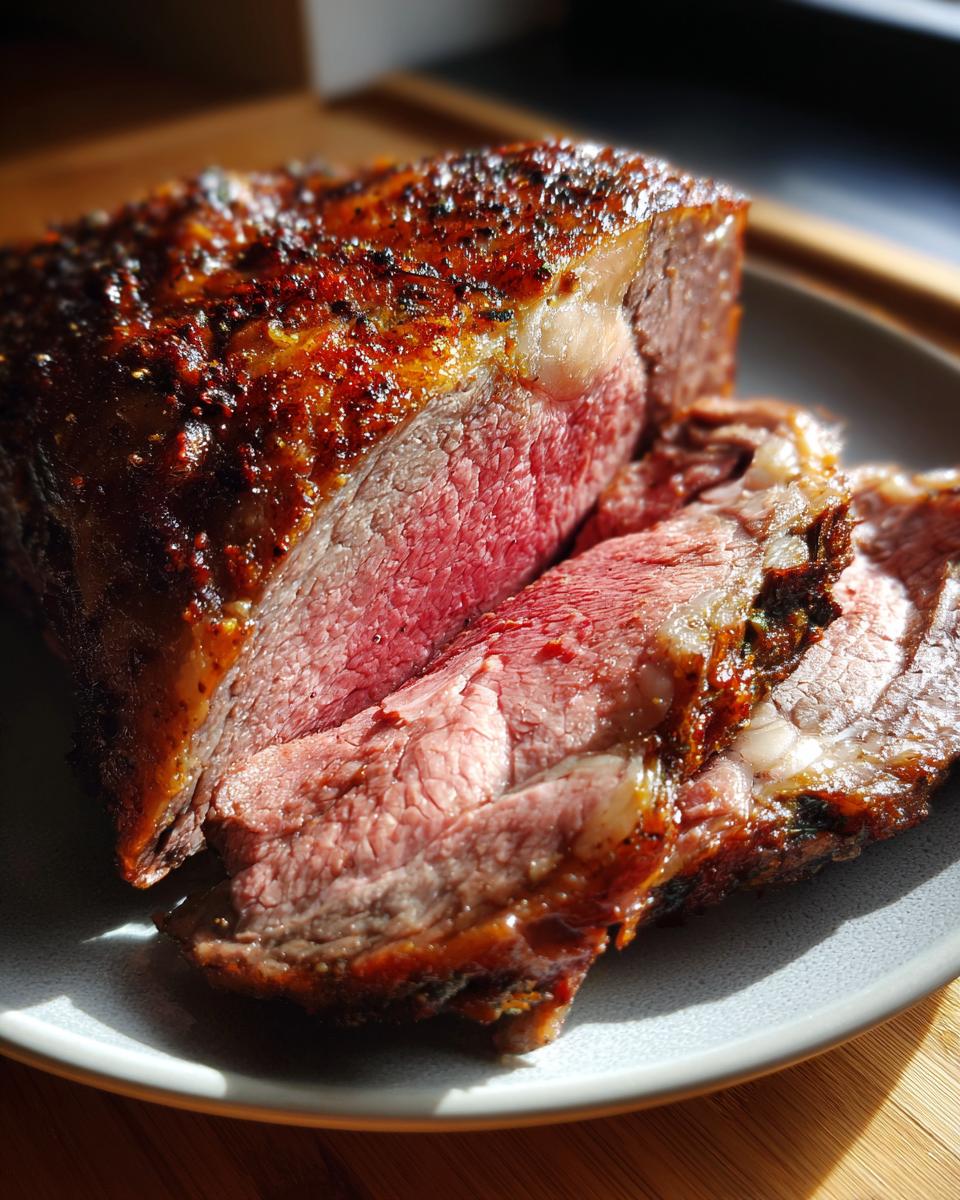 A perfectly cooked boneless prime rib roast, sliced to reveal a juicy, pink interior and a flavorful crust.