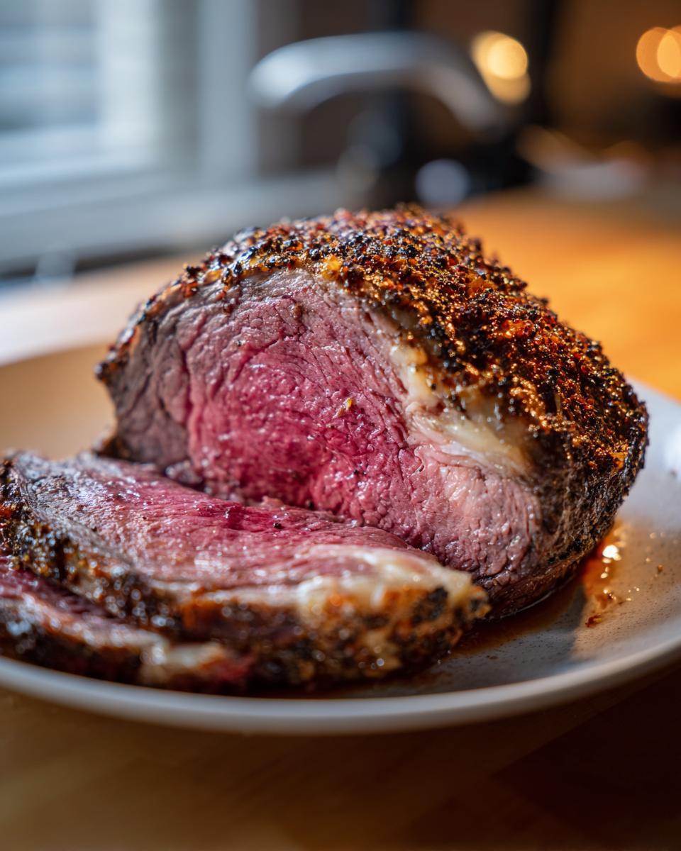 A perfectly cooked Boneless Prime Rib roast, sliced to reveal a tender, pink interior and a flavorful crust.