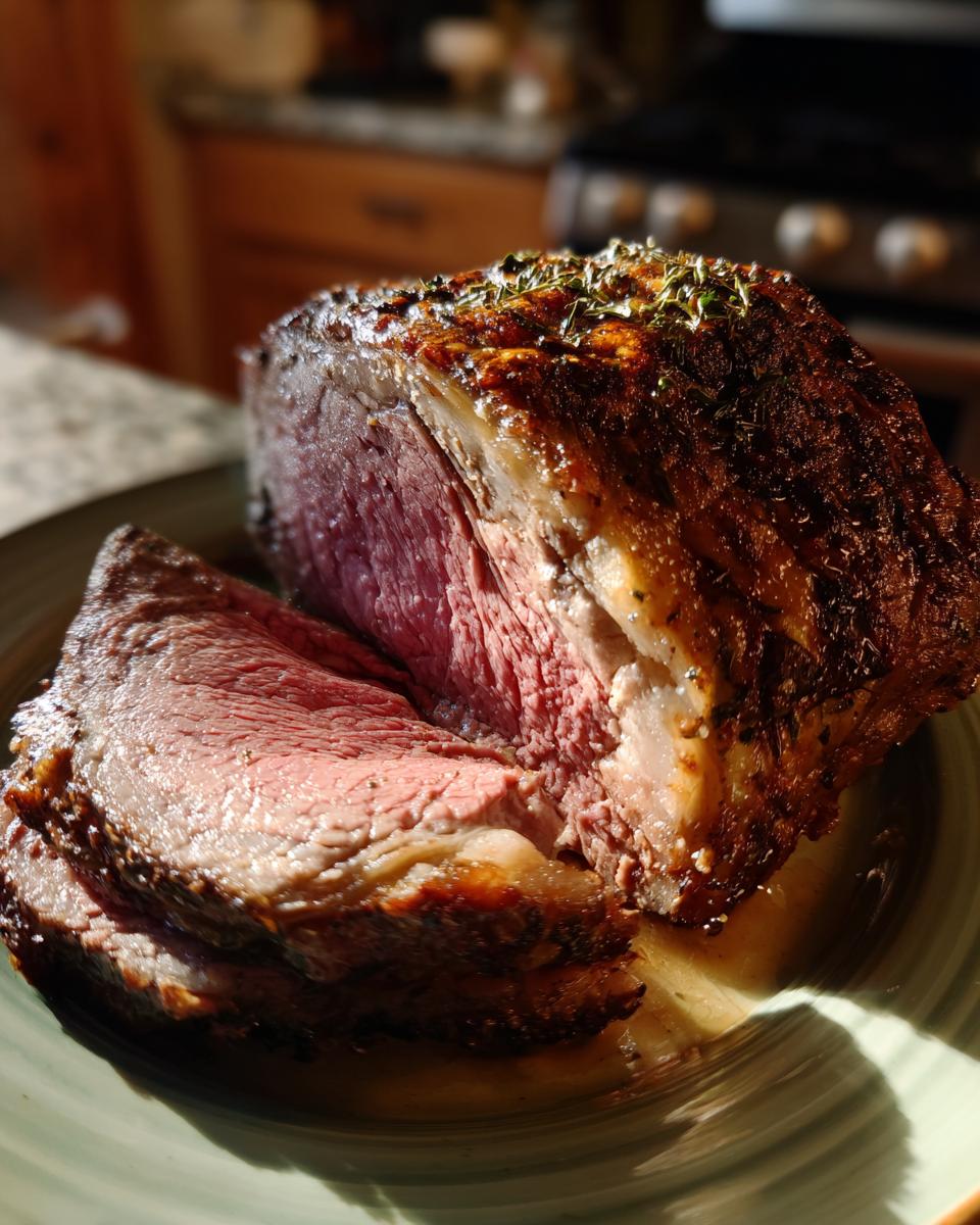 A perfectly cooked boneless prime rib roast, sliced to reveal a tender, pink interior and a flavorful crust.