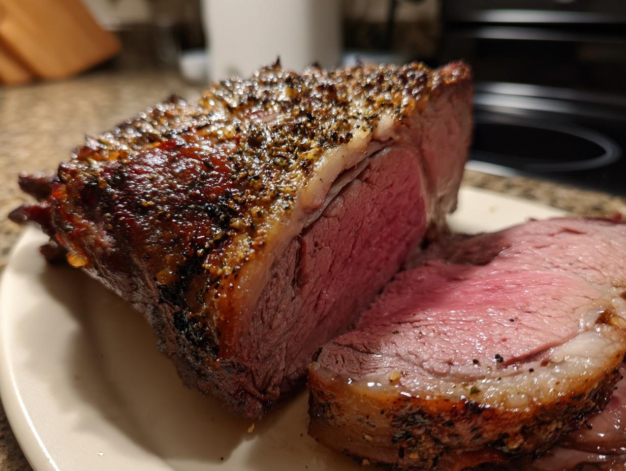 A perfectly roasted boneless prime rib, sliced to reveal a tender, pink interior and a flavorful crust.