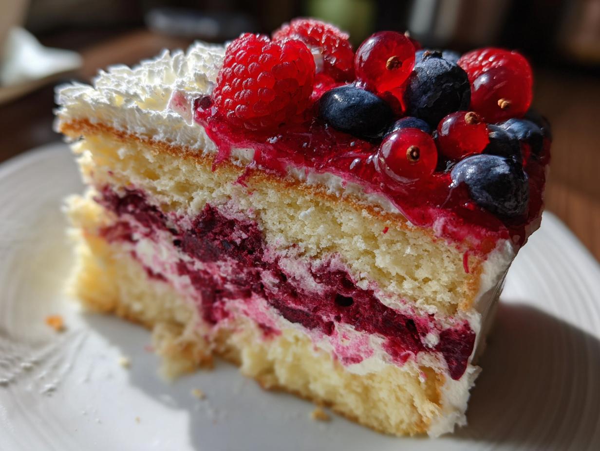A slice of a decadent berry cake with layers of sponge, cream, and fresh berries, showcasing a Box Mix Glow-Up.