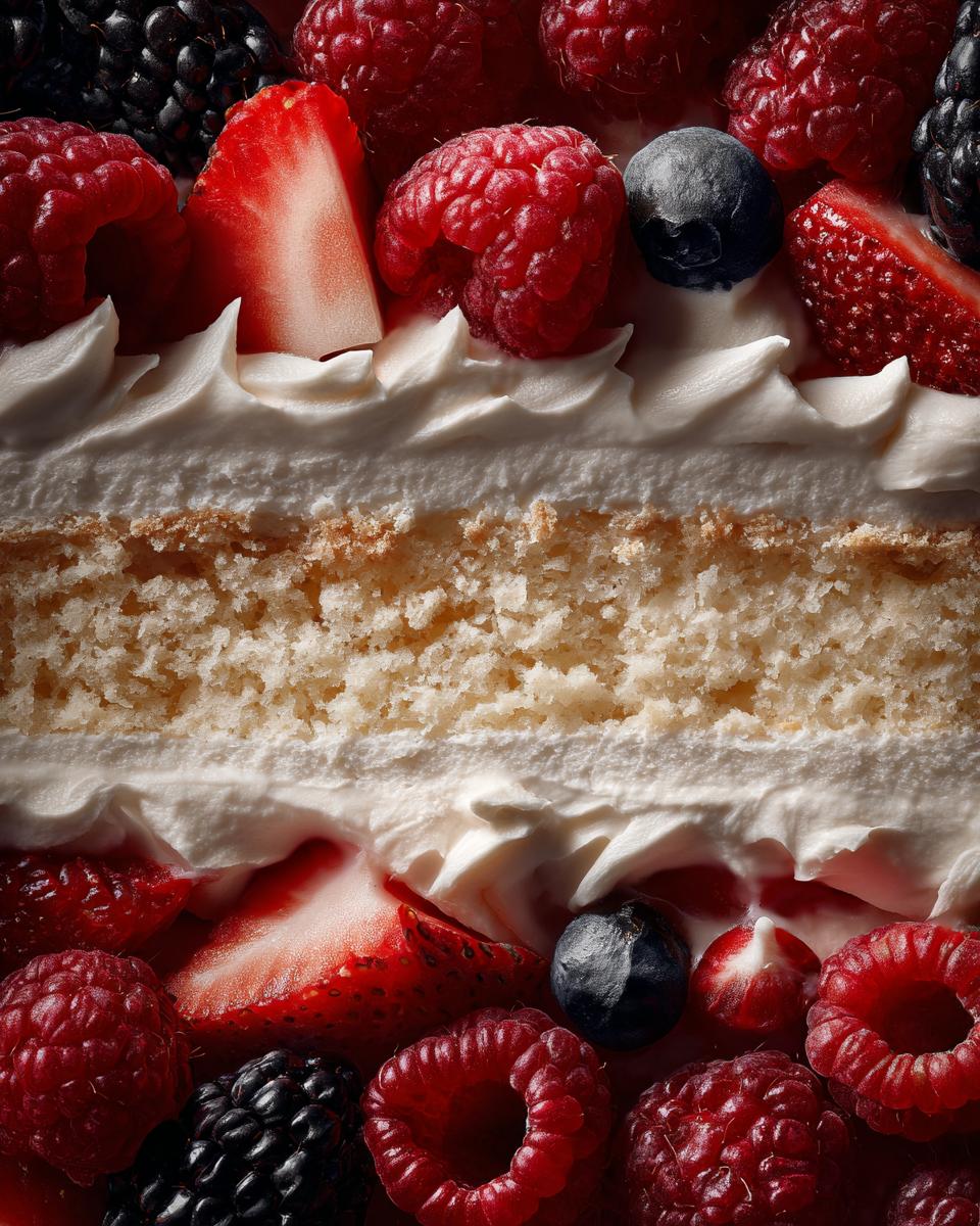 Close-up of a layered cake with fresh berries and whipped cream, showcasing a Box Mix Glow-Up.