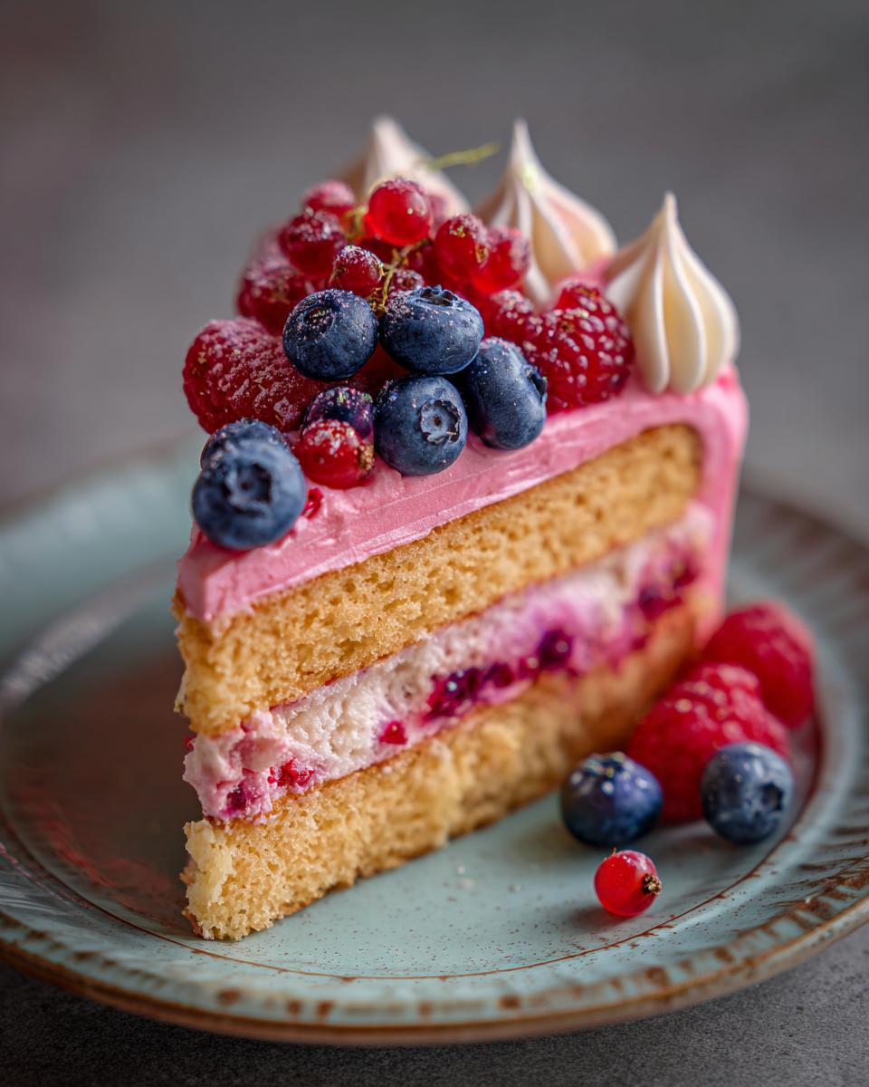 A slice of a layered cake with pink frosting, topped with fresh berries and meringues. A Box Mix Glow-Up: Fancy Finishes.