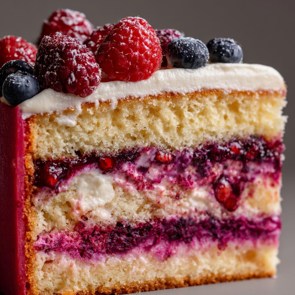 A slice of a layered cake with berries, cream, and a vibrant red glaze, showcasing a Box Mix Glow-Up: Fancy Finishes.
