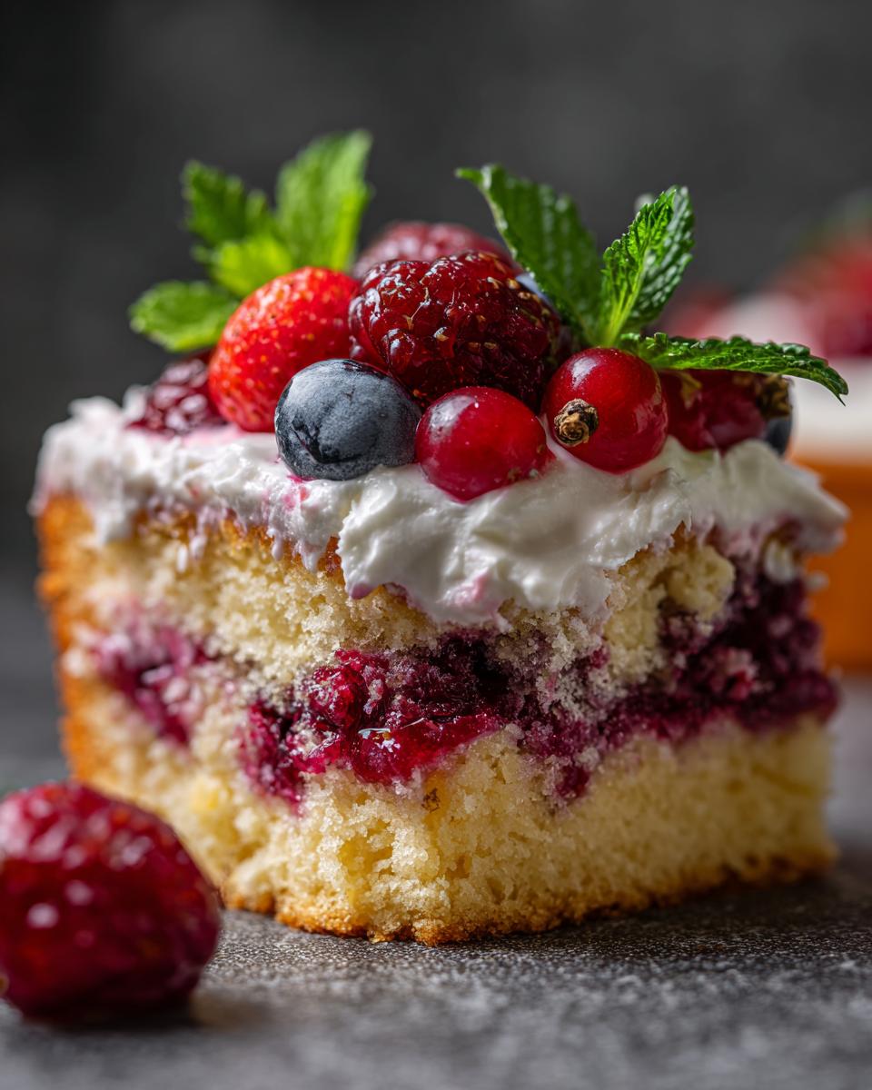 A slice of cake with layers of berries and whipped cream, topped with fresh berries and mint, showcasing a Box Mix Glow-Up: Fancy Finishes.
