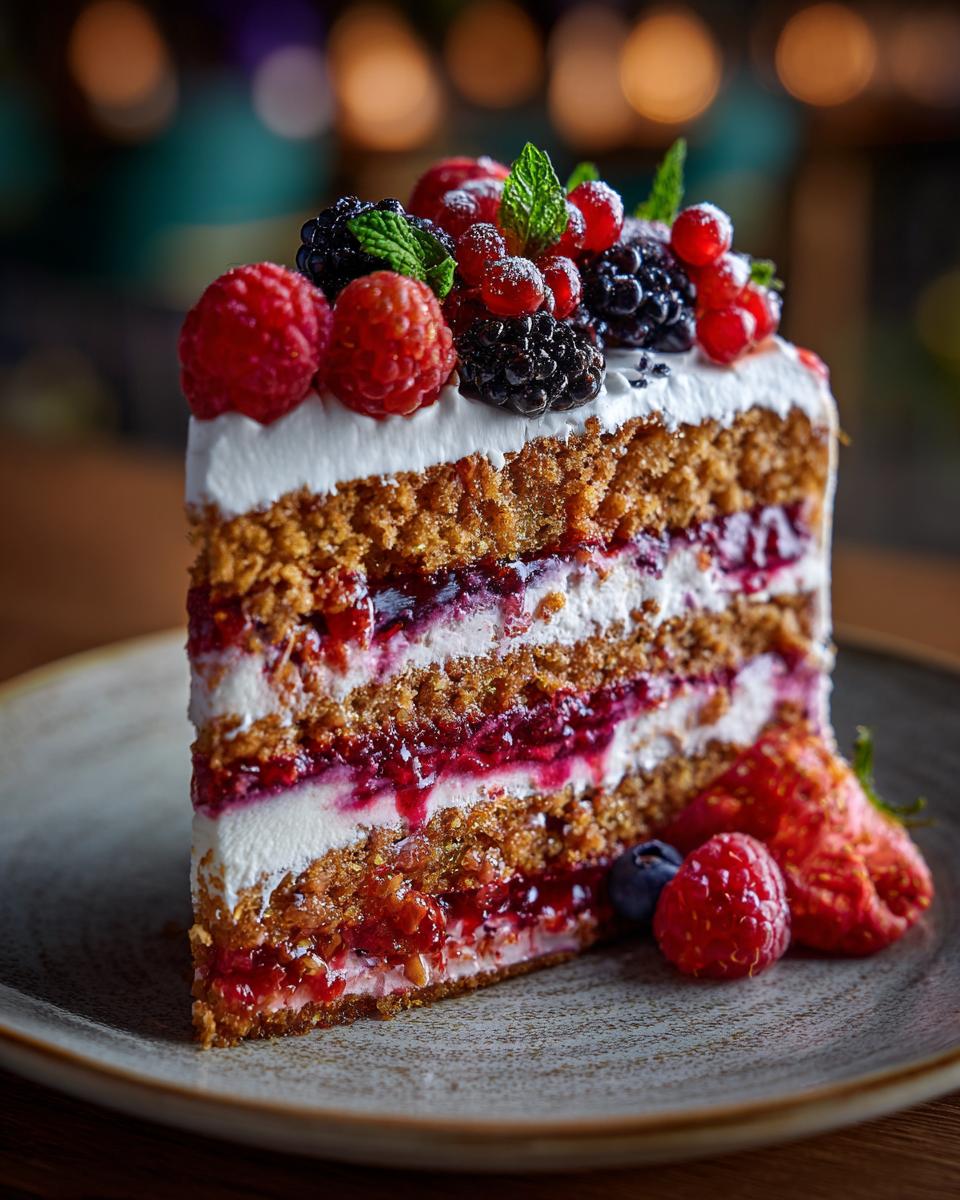 A slice of layered berry cake with whipped cream frosting, topped with fresh raspberries, blackberries, and currants.