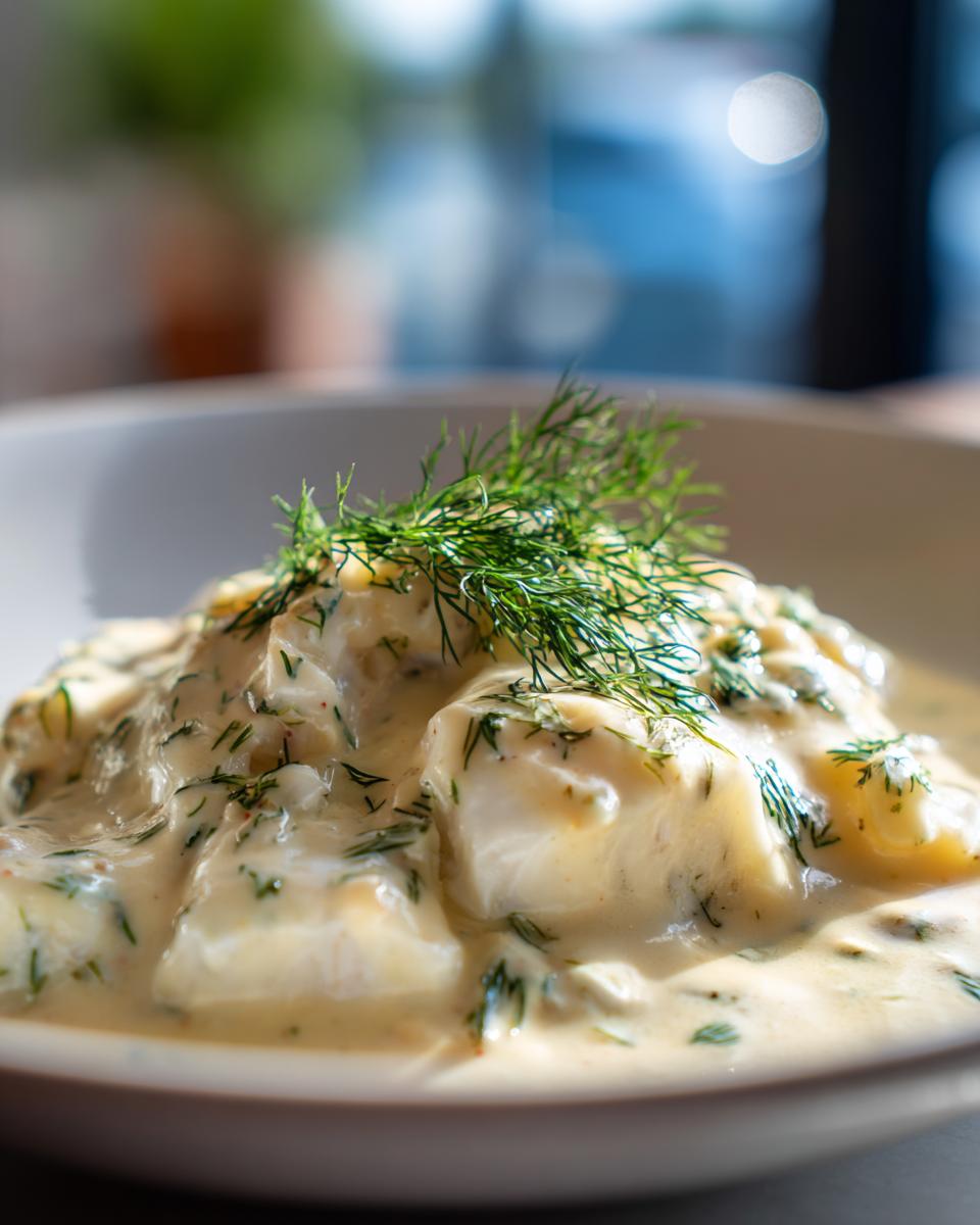 Close-up of tender seafood pieces coated in a rich Champagne Cream Sauce, garnished with fresh dill.