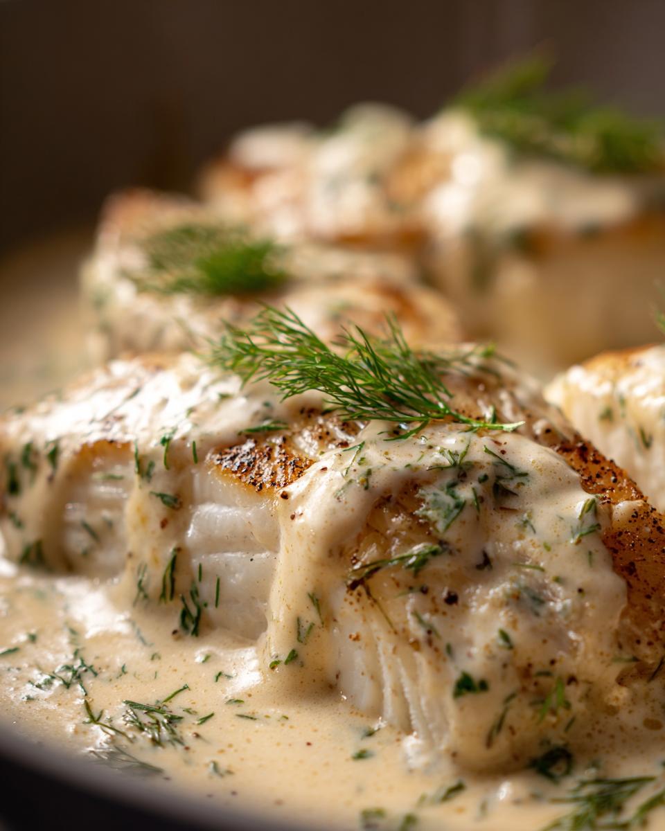 Close-up of flaky white fish fillets coated in a rich Champagne Cream Sauce for Seafood, garnished with fresh dill.