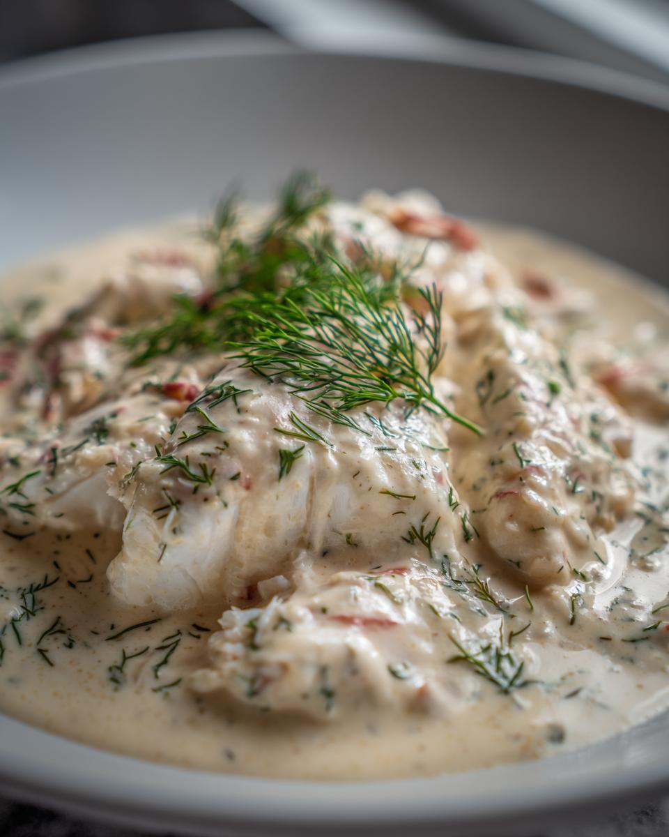 Flaky white fish served in a rich Champagne Cream Sauce for Seafood, garnished with fresh dill.