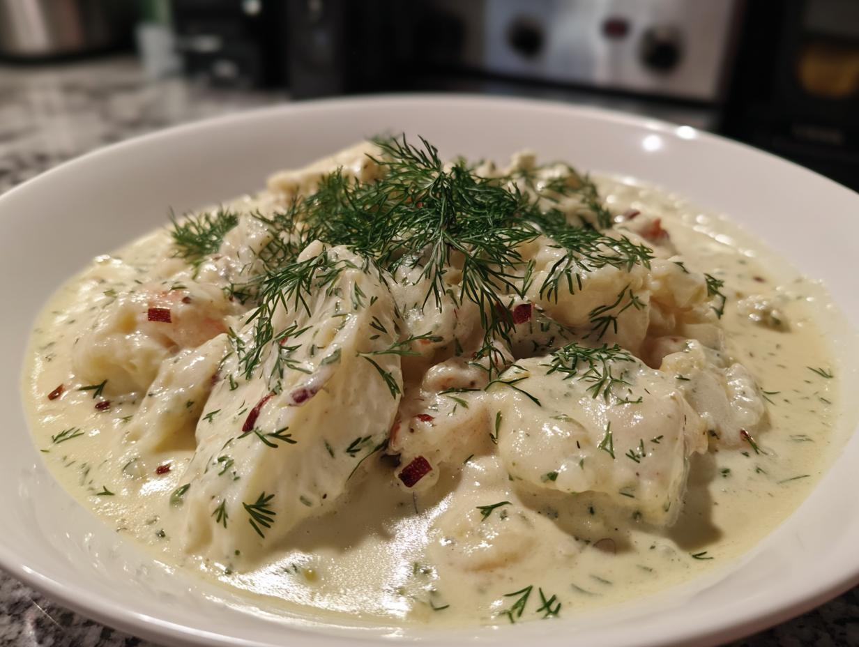 A bowl of tender seafood pieces coated in a rich Champagne Cream Sauce, garnished with fresh dill and red pepper flakes.