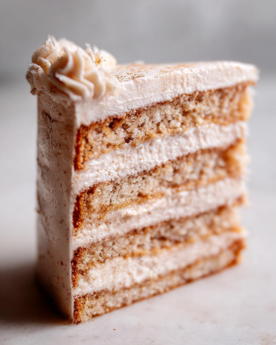 A slice of Champagne Layer Cake with Buttercream, showing multiple layers of cake and frosting, topped with a swirl of buttercream and edible glitter.