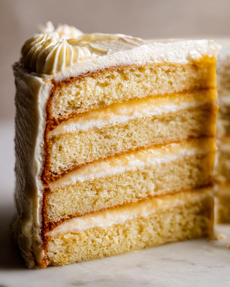 A slice of Champagne Layer Cake with Buttercream, showing multiple layers of cake and frosting.