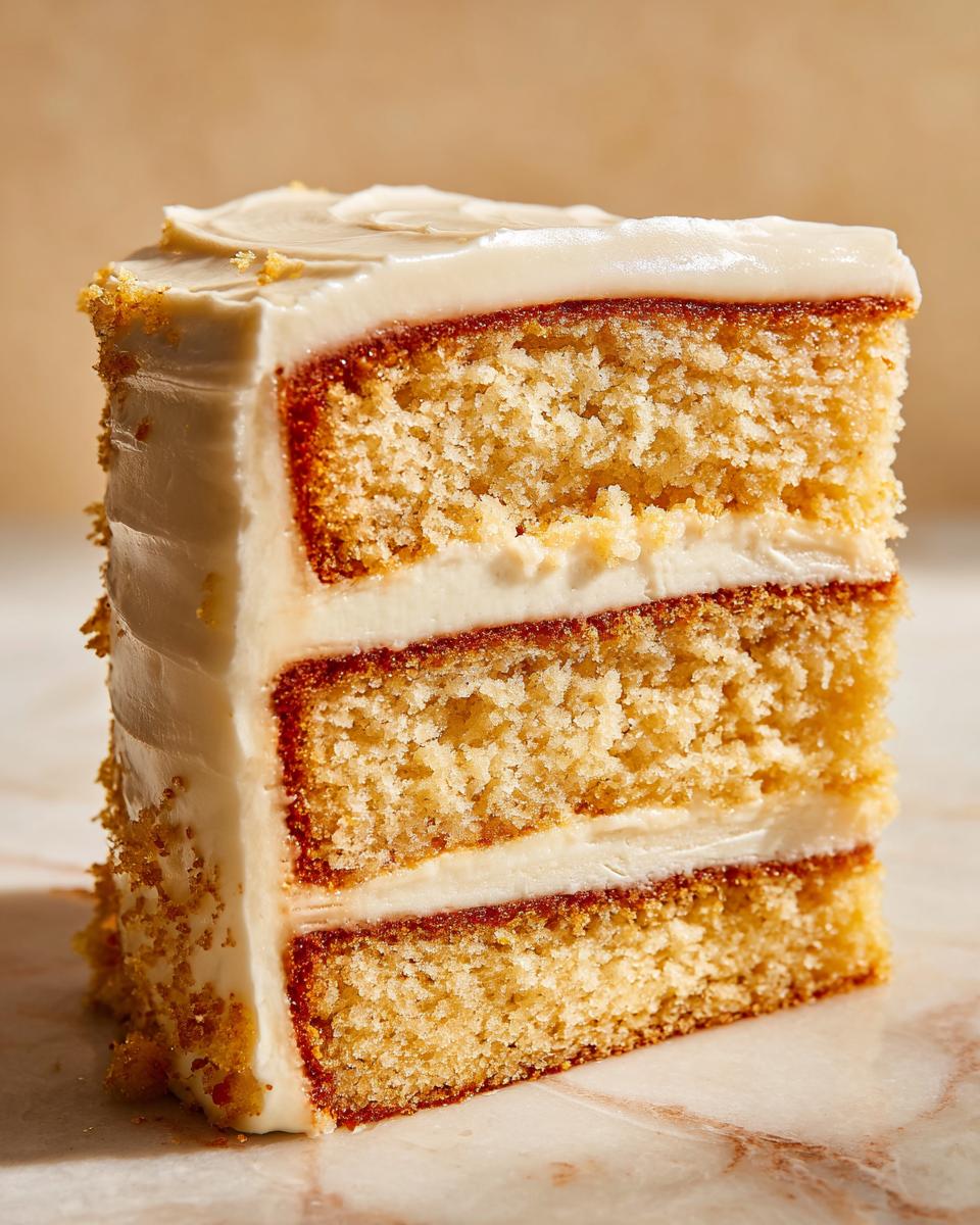 A slice of Champagne Layer Cake with Buttercream, showing three layers of moist cake and creamy frosting.
