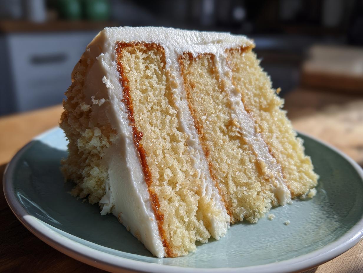A slice of Champagne Layer Cake with Buttercream, showing fluffy cake layers and smooth frosting.
