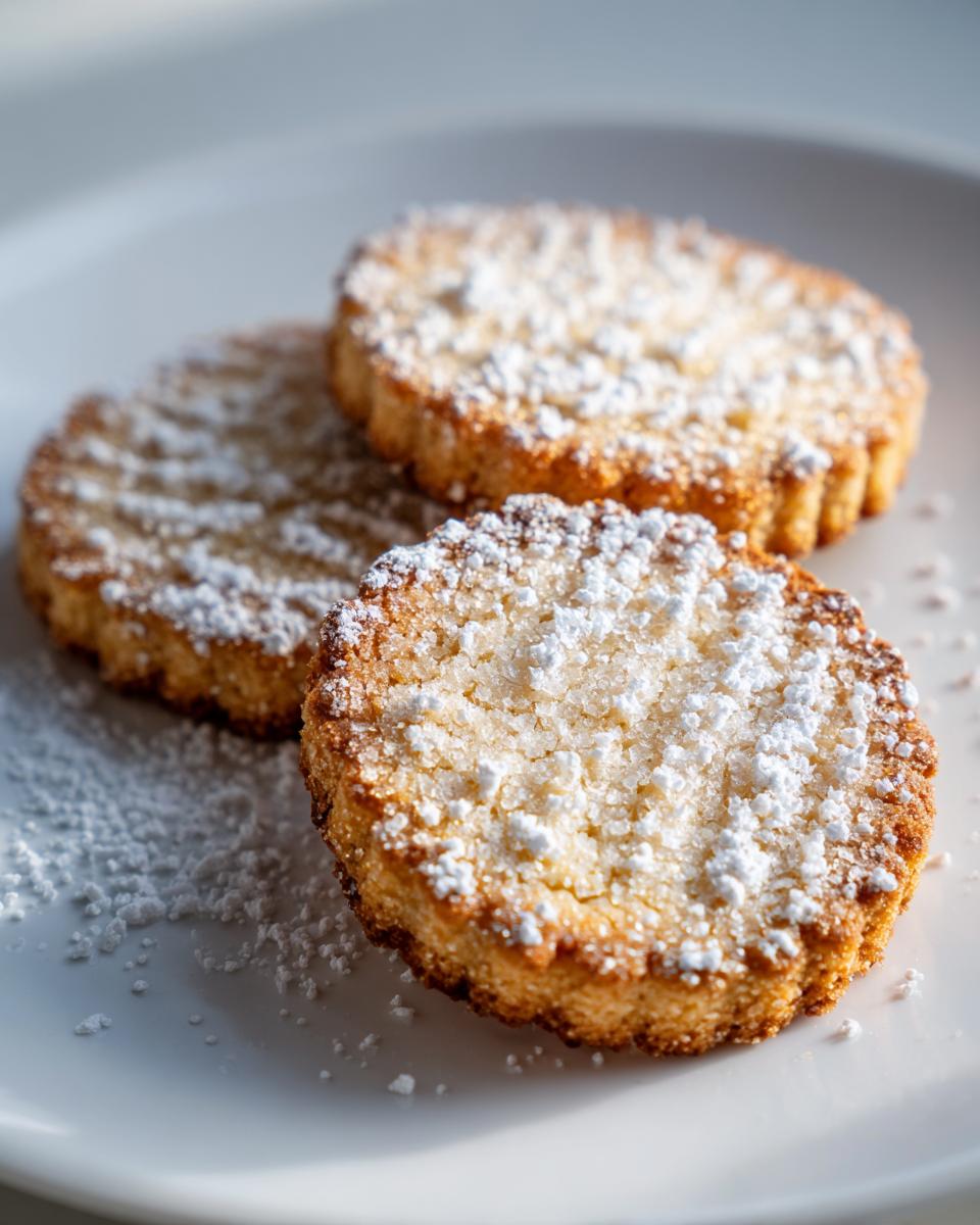 Close-up of three golden-brown Champagne Sugar Cookies dusted with powdered sugar on a white plate.