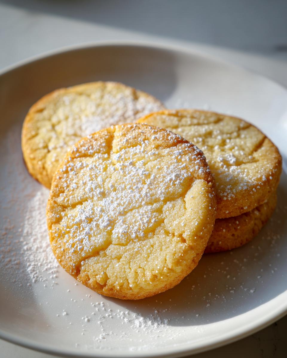 Close-up of three Champagne Sugar Cookies dusted with powdered sugar on a white plate.