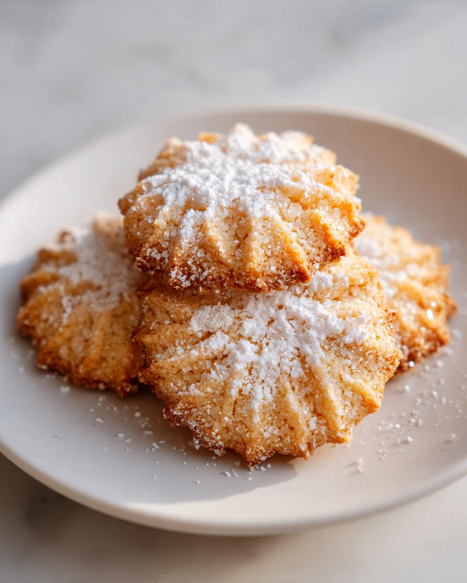 Close-up of three Champagne Sugar Cookies dusted with powdered sugar on a white plate.
