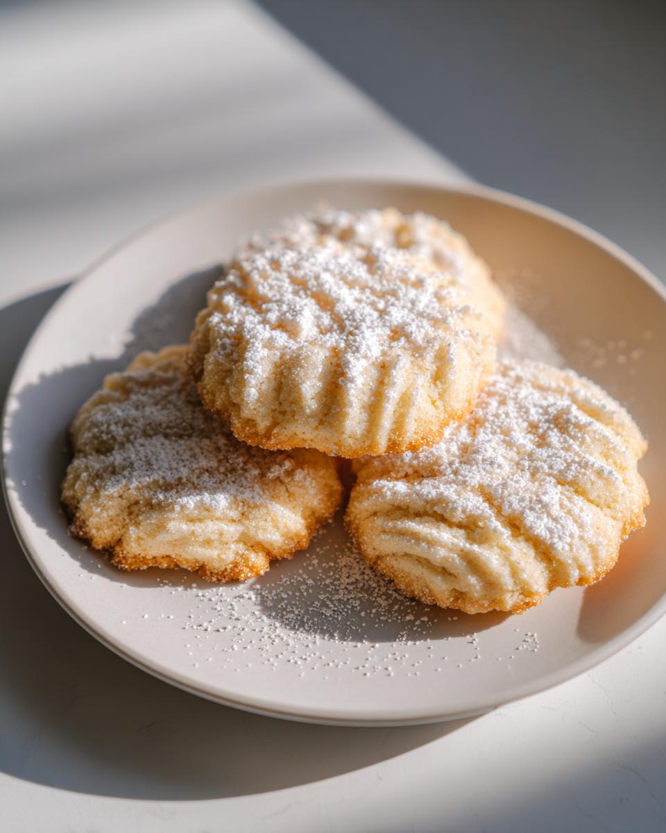 Three delicate Champagne Sugar Cookies dusted with powdered sugar on a light gray plate.