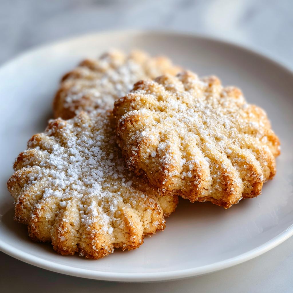 Close-up of three delicate Champagne Sugar Cookies dusted with powdered sugar and coarse sugar crystals on a white plate.