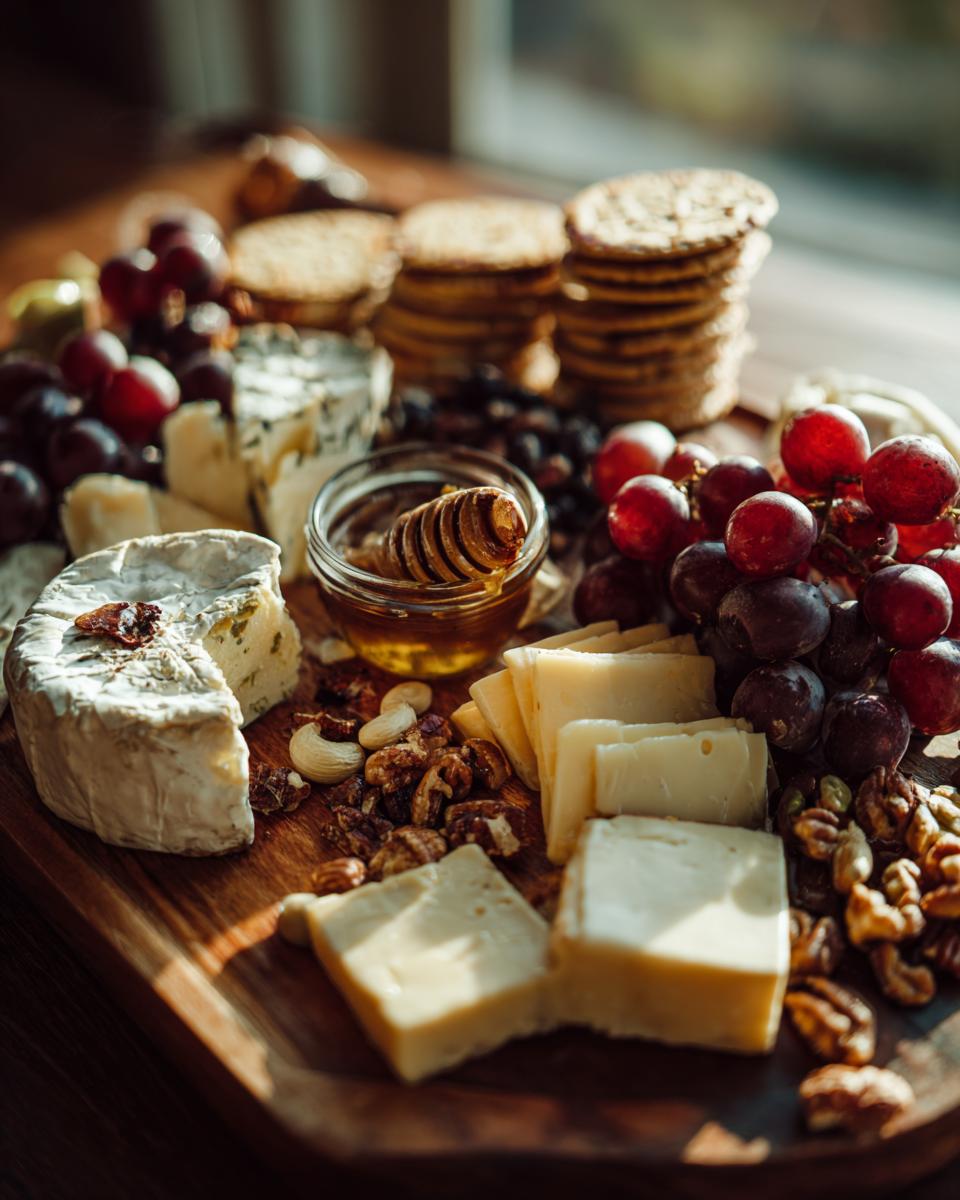 A beautiful and quick cheese board featuring various cheeses, grapes, nuts, crackers, and honey.